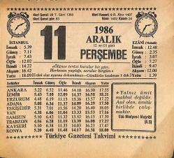 11 Aralık 1986 Takvim Yaprağı - Doğum Günü Hediyesi EFMN14862