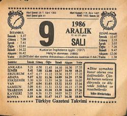 9 Aralık 1986 Takvim Yaprağı - Doğum Günü Hediyesi EFMN14864
