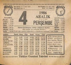 4 Aralık 1986 Takvim Yaprağı - Doğum Günü Hediyesi EFMN14869
