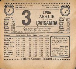 3 Aralık 1986 Takvim Yaprağı - Doğum Günü Hediyesi EFMN14870