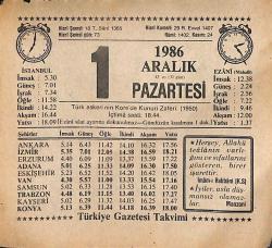 1 Aralık 1986 Takvim Yaprağı - Doğum Günü Hediyesi EFMN14872