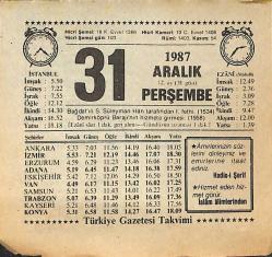 31 Aralık 1987 Takvim Yaprağı - Doğum Günü Hediyesi EFMN14980
