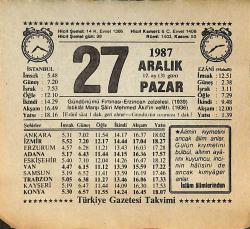 27 Aralık 1987 Takvim Yaprağı - Doğum Günü Hediyesi EFMN14984