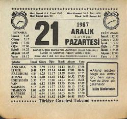 21 Aralık 1987 Takvim Yaprağı - Doğum Günü Hediyesi EFMN14990