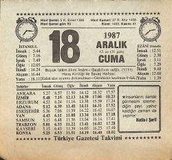 18 Aralık 1987 Takvim Yaprağı - Doğum Günü Hediyesi EFMN14993