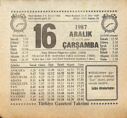 16 Aralık 1987 Takvim Yaprağı - Doğum Günü Hediyesi EFMN14995