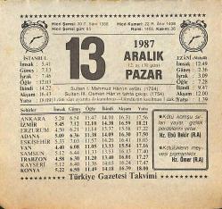 13 Aralık 1987 Takvim Yaprağı - Doğum Günü Hediyesi EFMN14998