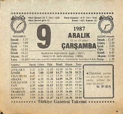 9 Aralık 1987 Takvim Yaprağı - Doğum Günü Hediyesi EFMN15002