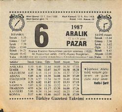 6 Aralık 1987 Takvim Yaprağı - Doğum Günü Hediyesi EFMN15005