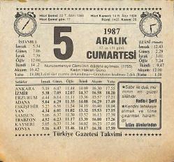 5 Aralık 1987 Takvim Yaprağı - Doğum Günü Hediyesi EFMN15006