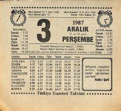 3 Aralık 1987 Takvim Yaprağı - Doğum Günü Hediyesi EFMN15008