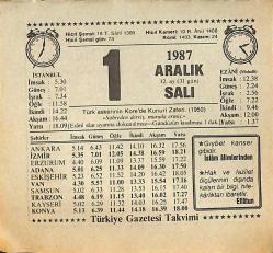 1 Aralık 1987 Takvim Yaprağı - Doğum Günü Hediyesi EFMN15010