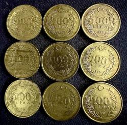 1989-1990-1991 TC 100 Lira 9 Adet Madeni paralar ÇÇT/ÇT