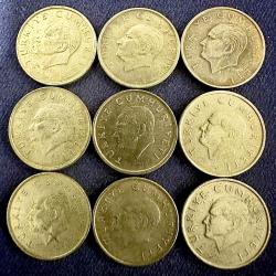 1989-1990-1991 TC 100 Lira 9 Adet Madeni paralar ÇÇT/ÇT