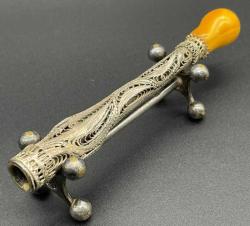 Osmanlı Dönemi Aznavur İşçiliği Damla Kehribar Tepeli Gümüş Sigara Ağızlığı AOB2992