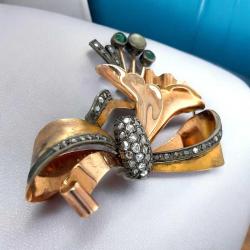 Antika 14 Ayar Elmas ve Zümrüt Taşlı Broş ELM082