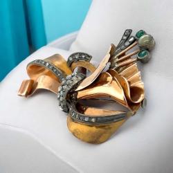 Antika 14 Ayar Elmas ve Zümrüt Taşlı Broş ELM082