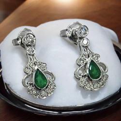 Vintage 18 Ayar Pırlanta Zümrüt Taşlı Küpe ELM069 #12