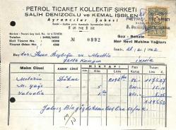 Petrol Ticaret Kollektif Şirketi SALİH DENİZOĞLU Ve KEMAL İŞBİLEN Ayrancılar Şubesi Motorin Faturası Damga Pullu İmzalı 1962 EFM(N)10855
