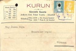 KURUN GAZETESİ Gündelik Gazete Sipariş Bildiri Kartı 1938 Damga Pullu EFM(N)10889