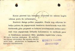 KURUN GAZETESİ Gündelik Gazete Sipariş Bildiri Kartı 1938 Damga Pullu EFM(N)10889