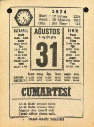 31 Ağustos 1974 Takvim Yaprağı - Doğum Günü Hediyesi EFM(N)12174