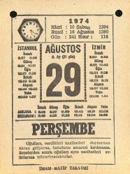 29 Ağustos 1974 Takvim Yaprağı - Doğum Günü Hediyesi EFM(N)12176