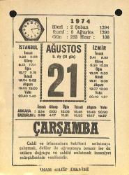 21 Ağustos 1974 Takvim Yaprağı - Doğum Günü Hediyesi EFM(N)12178