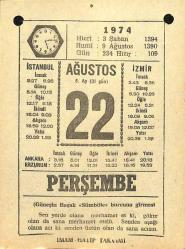 22 Ağustos 1974 Takvim Yaprağı - Doğum Günü Hediyesi EFM(N)12179