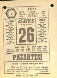 26 Ağustos 1974 Takvim Yaprağı - Doğum Günü Hediyesi EFM(N)12183