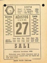 27 Ağustos 1974 Takvim Yaprağı - Doğum Günü Hediyesi EFM(N)12184