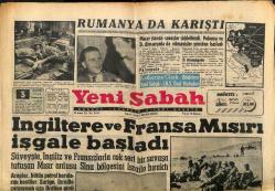 Yeni Sabah Gazetesi 3 Kasım 1956 - İngiltere Ve Fransa Mısır'ı İşgale Başladı - Galatasaray Dostluk Paktı İçin Beşiktaş İdarecilerini Toplantıya Davet GZ148489