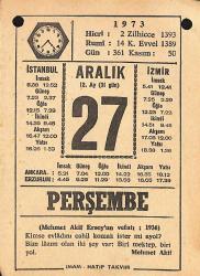 27 Aralık 1973 Takvim Yaprağı - Doğum Günü Hediyesi EFMN13660