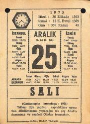 25 Aralık 1973 Takvim Yaprağı - Doğum Günü Hediyesi EFMN13662