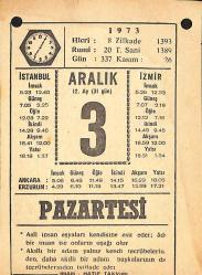 3 Aralık 1973 Takvim Yaprağı - Doğum Günü Hediyesi EFMN13683