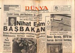 Dünya Gazetesi 20 Mart 1971 - Nihat Erim Başbakan - Deniz Gezmiş, ODTÜ'de Harem Dairesi Kurmuş GZ151091