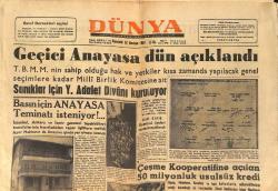 Dünya Gazetesi 13 Haziran 1960 - Geçici Anayasa Dün Açıklandı - ABD Türkiye'ye Bir Milyar Lira Veriyor GZ154009