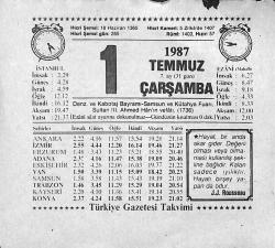 1 Temmuz 1987 Takvim Yaprağı - Doğum Günü Hediyesi EFMN13813