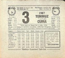3 Temmuz 1987 Takvim Yaprağı - Doğum Günü Hediyesi EFMN13815