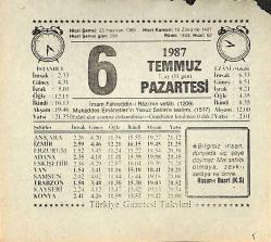 6 Temmuz 1987 Takvim Yaprağı - Doğum Günü Hediyesi EFMN13818