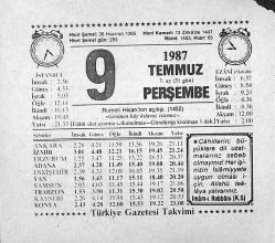 9 Temmuz 1987 Takvim Yaprağı - Doğum Günü Hediyesi EFMN13821