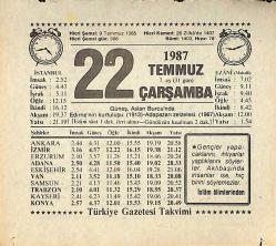 22 Temmuz 1987 Takvim Yaprağı - Doğum Günü Hediyesi EFMN13834
