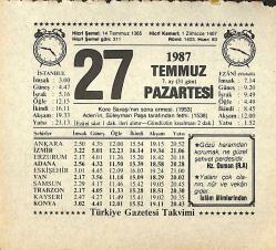27 Temmuz 1987 Takvim Yaprağı - Doğum Günü Hediyesi EFMN13839