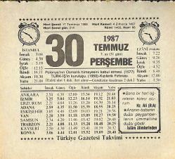 30 Temmuz 1987 Takvim Yaprağı - Doğum Günü Hediyesi EFMN13842