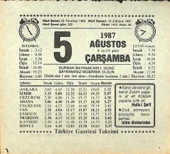 5 Ağustos 1987 Takvim Yaprağı - Doğum Günü Hediyesi EFMN13848