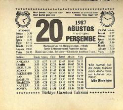 20 Ağustos 1987 Takvim Yaprağı - Doğum Günü Hediyesi EFMN13863