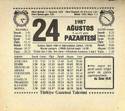 24 Ağustos 1987 Takvim Yaprağı - Doğum Günü Hediyesi EFMN13867