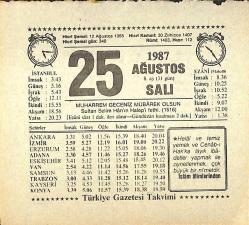 25 Ağustos 1987 Takvim Yaprağı - Doğum Günü Hediyesi EFMN13868