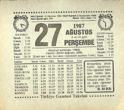 27 Ağustos 1987 Takvim Yaprağı - Doğum Günü Hediyesi EFMN13870