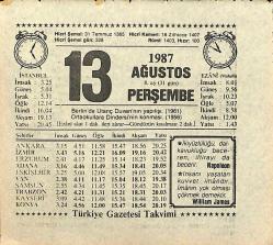 13 Ağustos 1987 Takvim Yaprağı - Doğum Günü Hediyesi EFMN13917